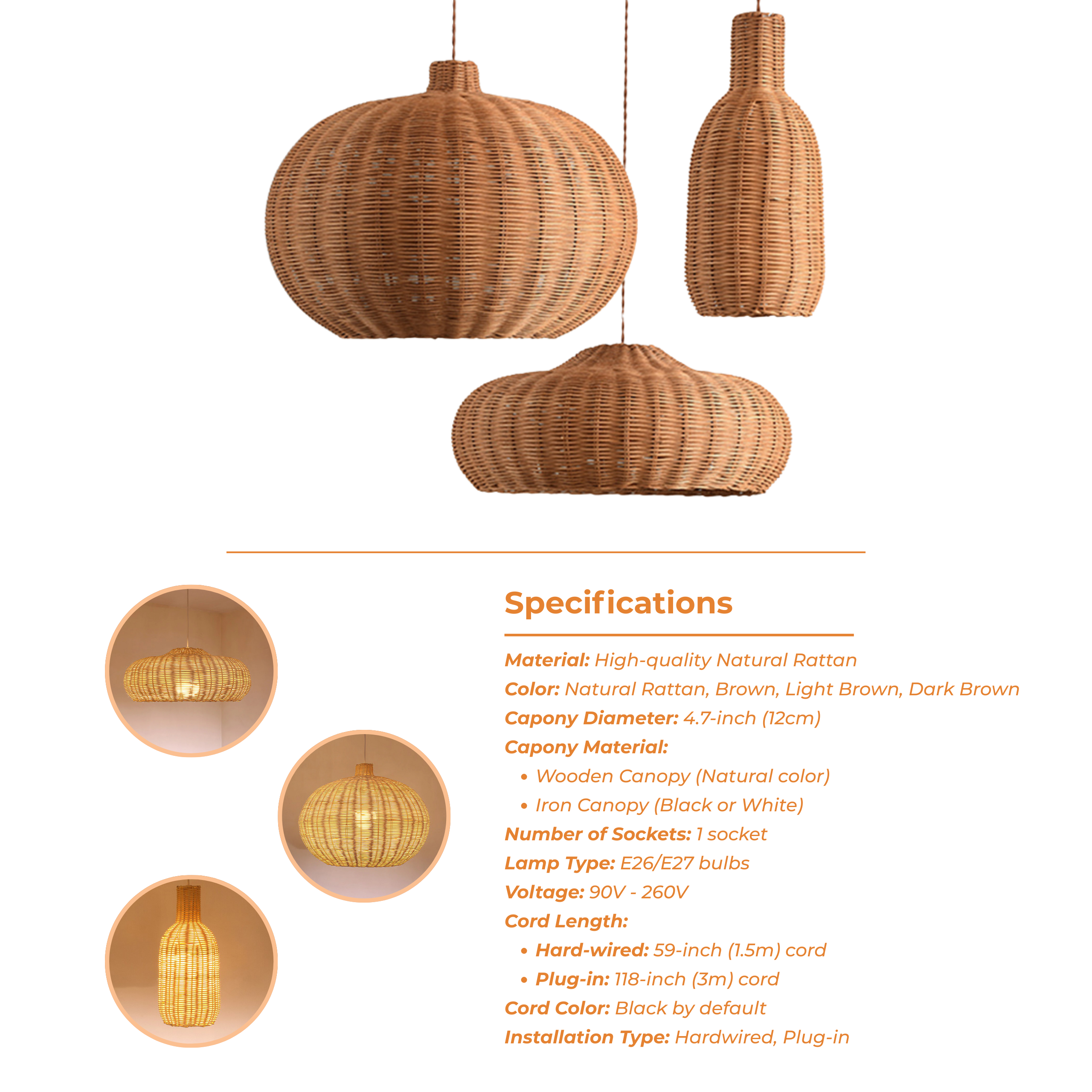 Set 3 Vintage Small Rattan Pendant Light Fixtures Specifications