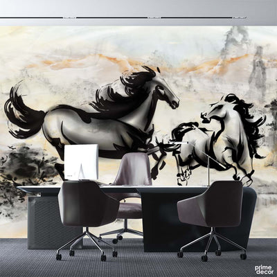 Stroke Style Black Horses With Marble Background | Office Wallpaper Mural