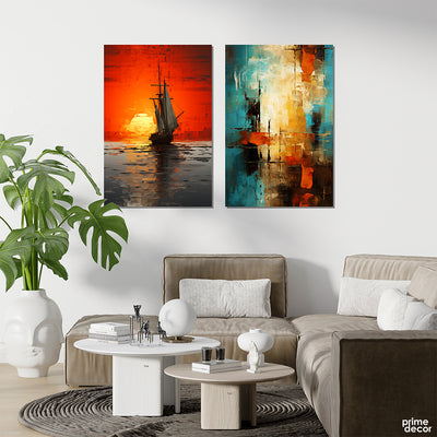 Jade & Red Abstract Boat Painting Style (2 Panel) Abstract Wall Art