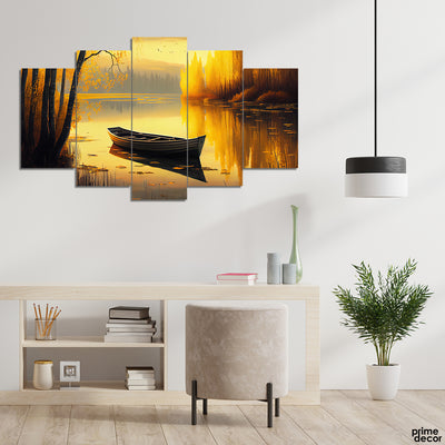 Lone Boat At Golden Hour Paint Stroke Style (5 Panel) Digital Wall Art