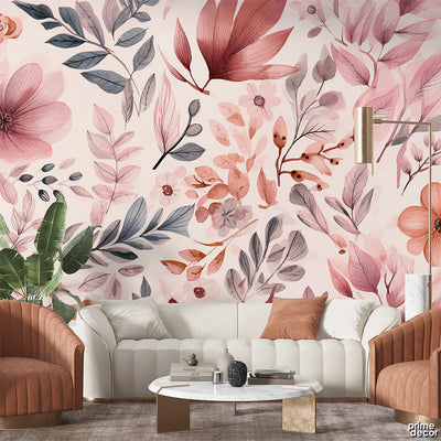 Pink & Peachy Watercolor Leaves | Floral Wallpaper Mural