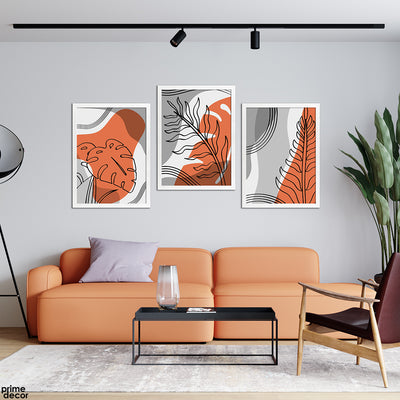 Sunrise Orange Blobs With Tropical Leaves Line Art (3 Panel) Nordic Wall Art