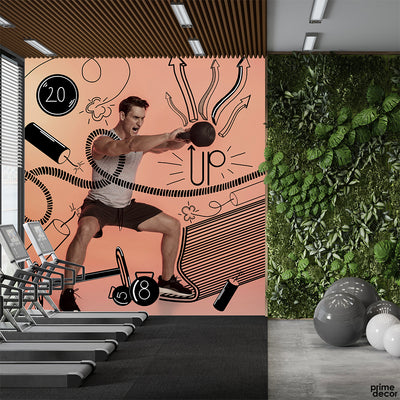 Man Lifting Gym Weights With Handdrawn Style Background | Gym Wallpaper Mural
