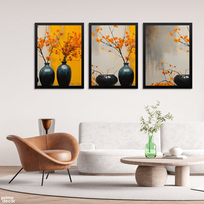 Rustic Orange Flowers In Space Blue Vases (3 Panel) Floral Wall Art