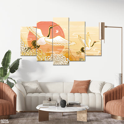 Japanese Inspired Crane Over The Flowery Mountains (5 Panel) Nature Wall Art