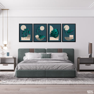 Dark Cyan Tropical Leaves With Beige Geometric Shapes (4 Panel) Nordic Wall Art