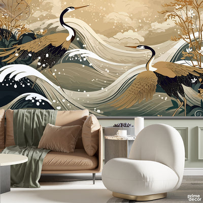 Beige Exotic Crane Bird With Sea Waves Background | Nordic Wallpaper Mural