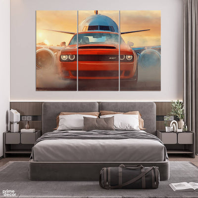 Airbus A380 Behind the Red Car (3 Panel) Cars Wall Art