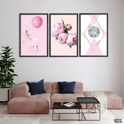 Diamond with Pink Balloon & Flowers (3 Panel) Family Wall Art