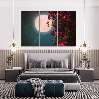 Full Moon Behind the Red Lilies (3 Panel) Landscape Wall Art