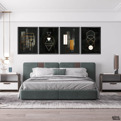 Geometric Gold & White Abstract Shapes On Black Background (4 Panel) Digital Wall Art