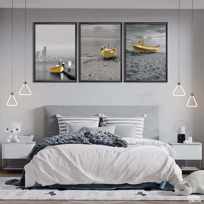 Golden Boat at Beach (3 Panel) Nordic Wall Art