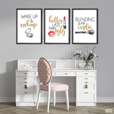 Makeup Quotes Golden Typography (3 Panel) Fashion Wall Art