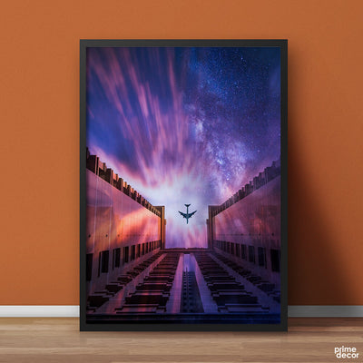 Plane Passing Through Buildings Milky Way Background | Travel Poster Wall Art