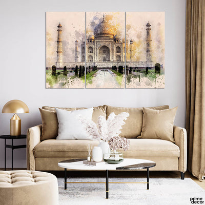 Taj Mahal Watercolor Art (3 Panel) Architecture Wall Art