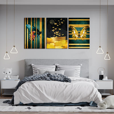 Golden Structured Butterflies (3 Panel) Aesthetic Wall Art