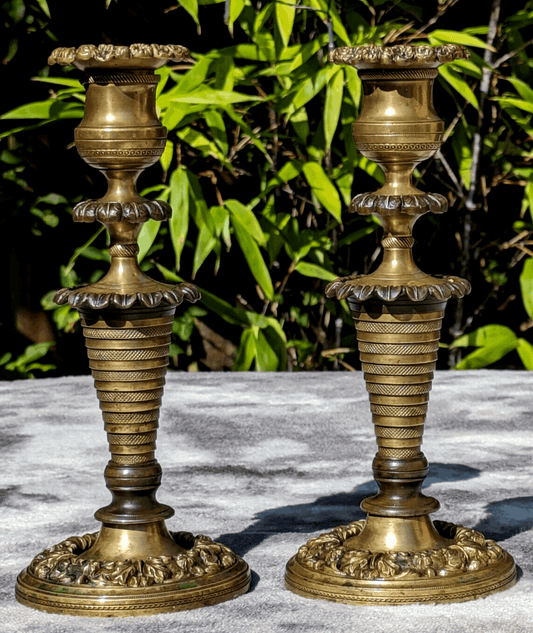 Mid 19th Century Pair of Antique Brass Beehive Candlesticks