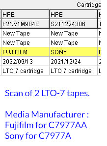 Scan of 2 HP LTO-7 Tapes showing difference OEMs for C7977A and C7977AA