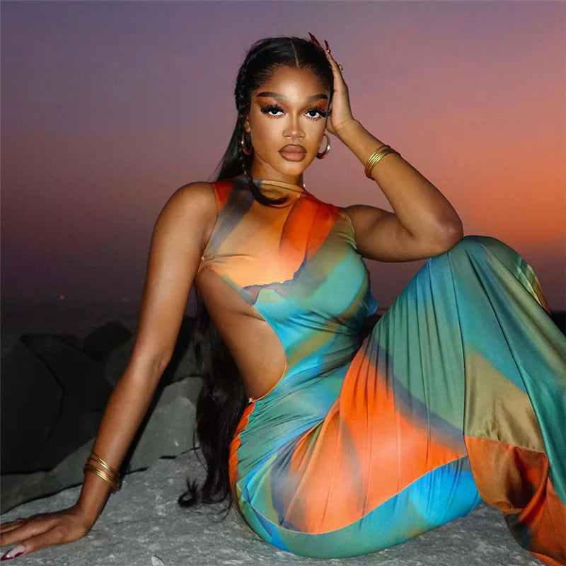 Colorful Printed Bodycon Maxi Dress Women Sexy Backless Summer
