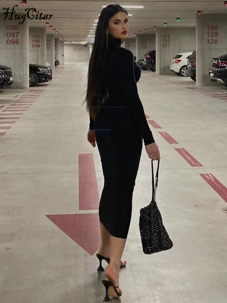 Black Turtleneck Long Sleeve Bodycon Maxi Prom Dress