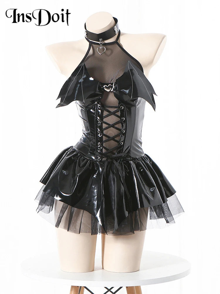 Gothic Hollow Out Trim PU Leather Mini Dress for Women