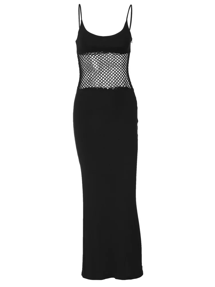 Black Maxi Dress Women Sexy Hollow Out Spaghetti Straps Summer