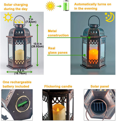 SteadyDoggie Solar Lanterns 2 Pack Bronze - Hanging Solar Lights with Flickering Candle
