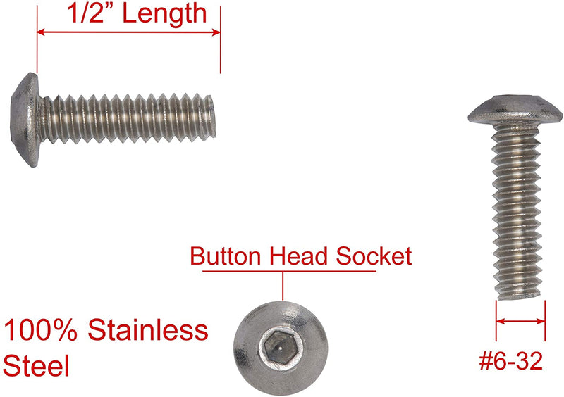 8-32 x 1/2" Stainless Button Socket Head Cap Screw Bolt, (100 pc), 18-8 (304) Stainless