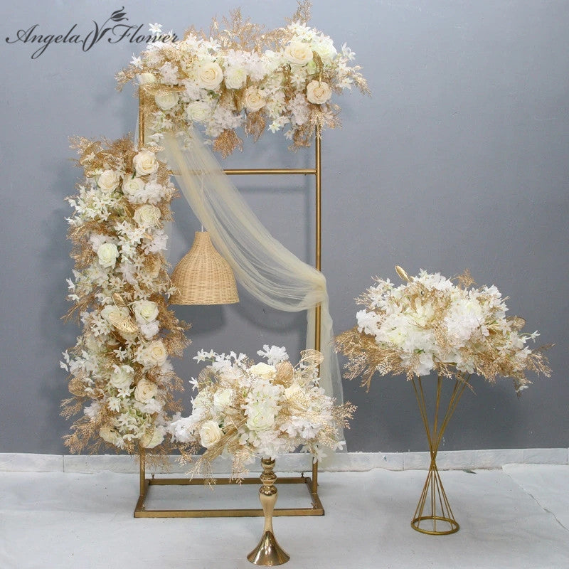 Geometric Frame Stand Decor Floral Arrangement Gold Leaf Palm Red Rose  Wedding Table Centerpiece Ball Event Stage Road Lead Prop