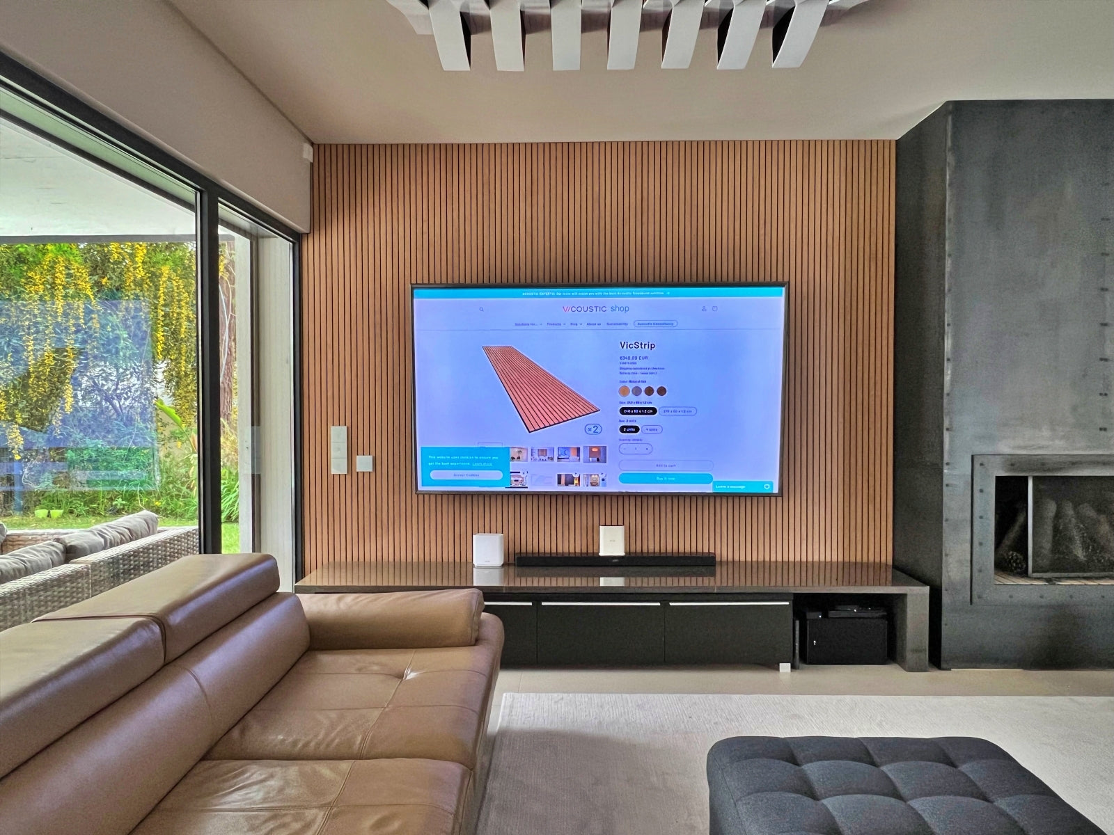 Living Room with wood-like strip panels
