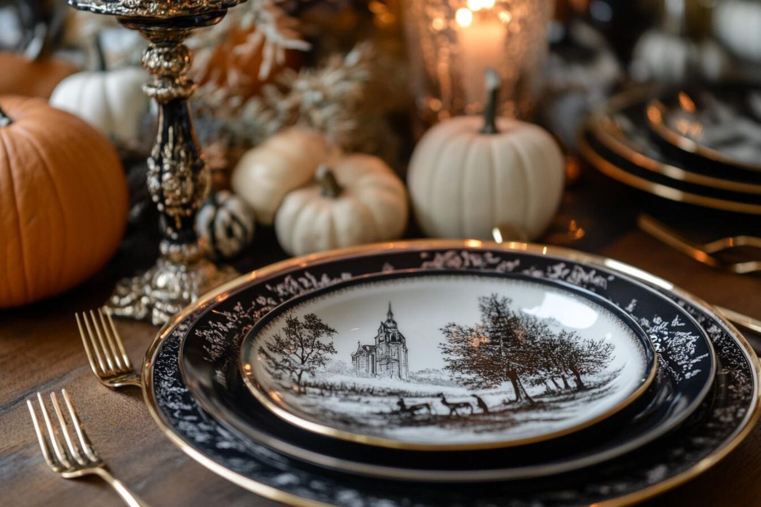 gold and black dinner plates