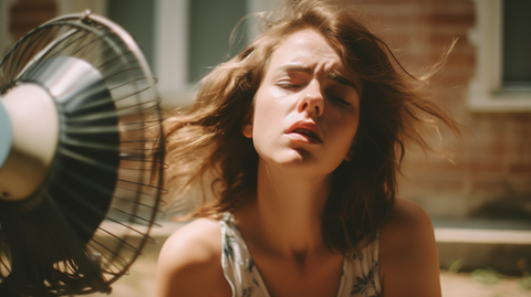 A woman delaing with heat intolerance/heat sensitivity sitting in front of an electric fan