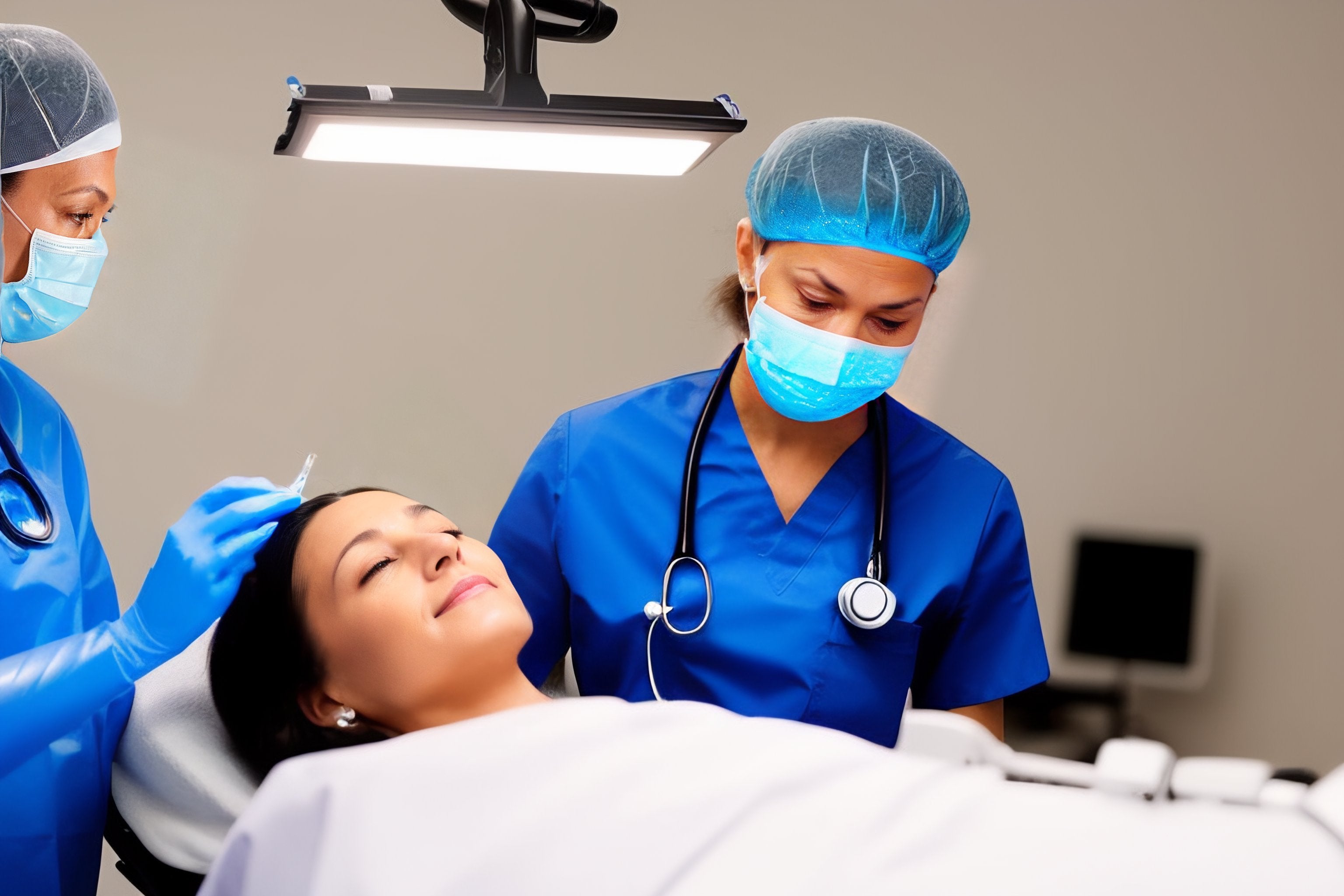 Why is thyroidectomy necessary? A patient lies on an operating table with a female surgeon standing nearby. The patient's neck is illuminated by a bright light, highlighting the area to be operated on. The doctor is wearing scrubs and latex gloves, his face serious as he prepares for the procedure