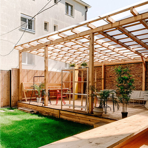 Pergola in garden secured with fixings