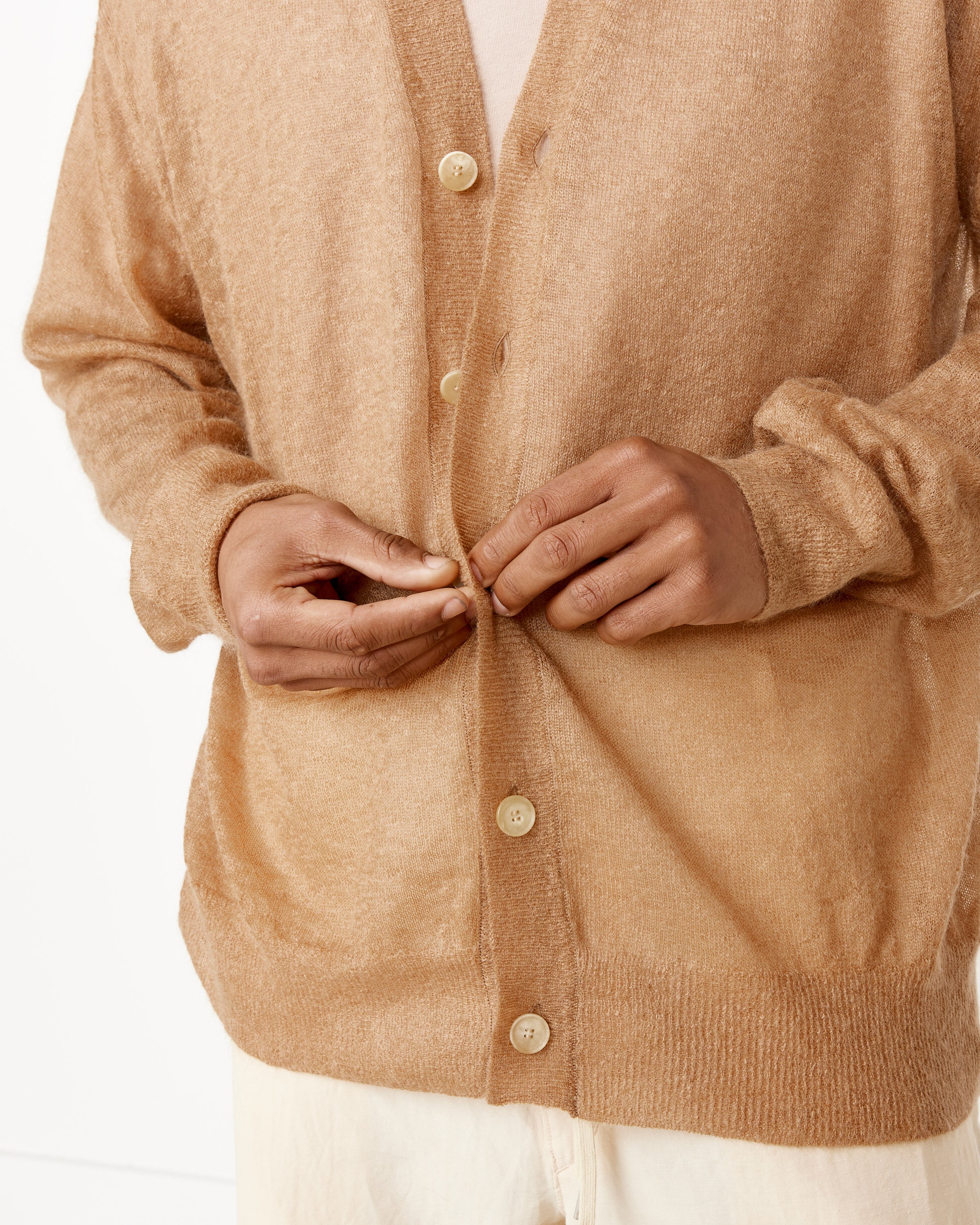 Kid Mohair Sheer Knit Cardigan in Camel