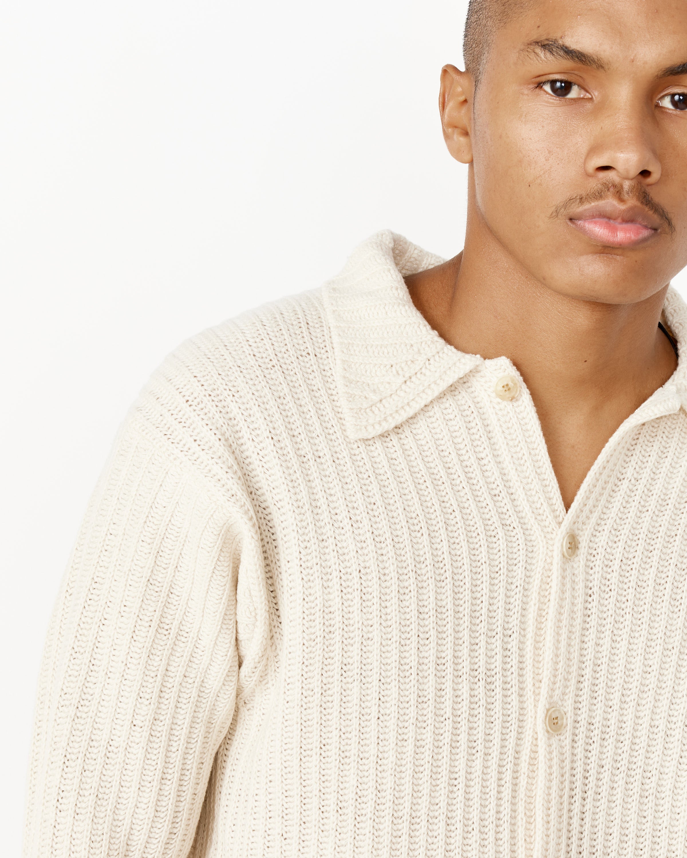 Brushed Cotton Wool Rib Knit Shirt in Black in Cream