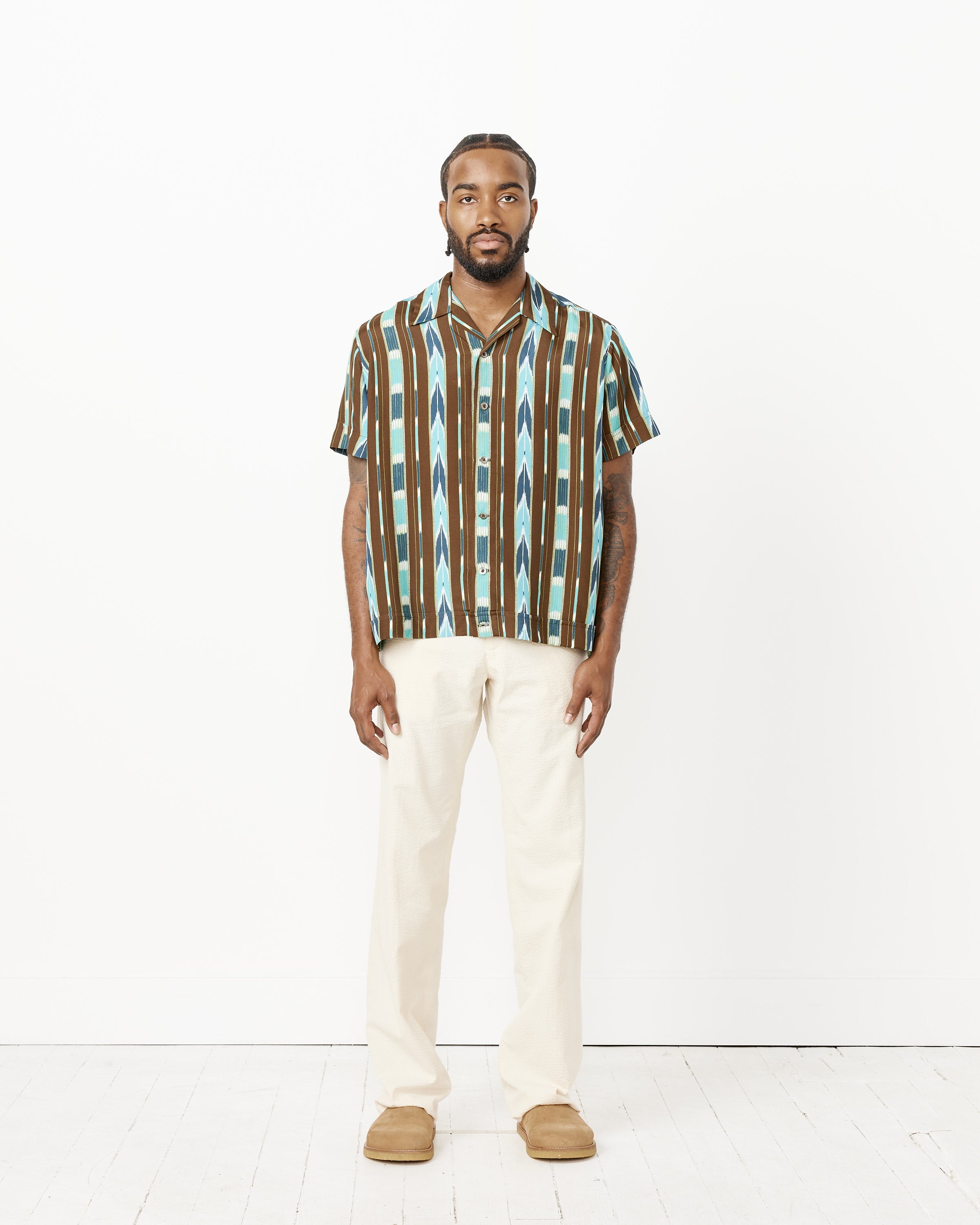 Rayon Beaded Stripe Zach Short Sleeve Shirt in Brown in Grey (Blue)