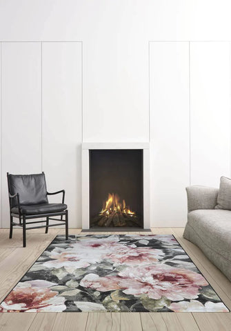  Bold floral rug design in neutral living room