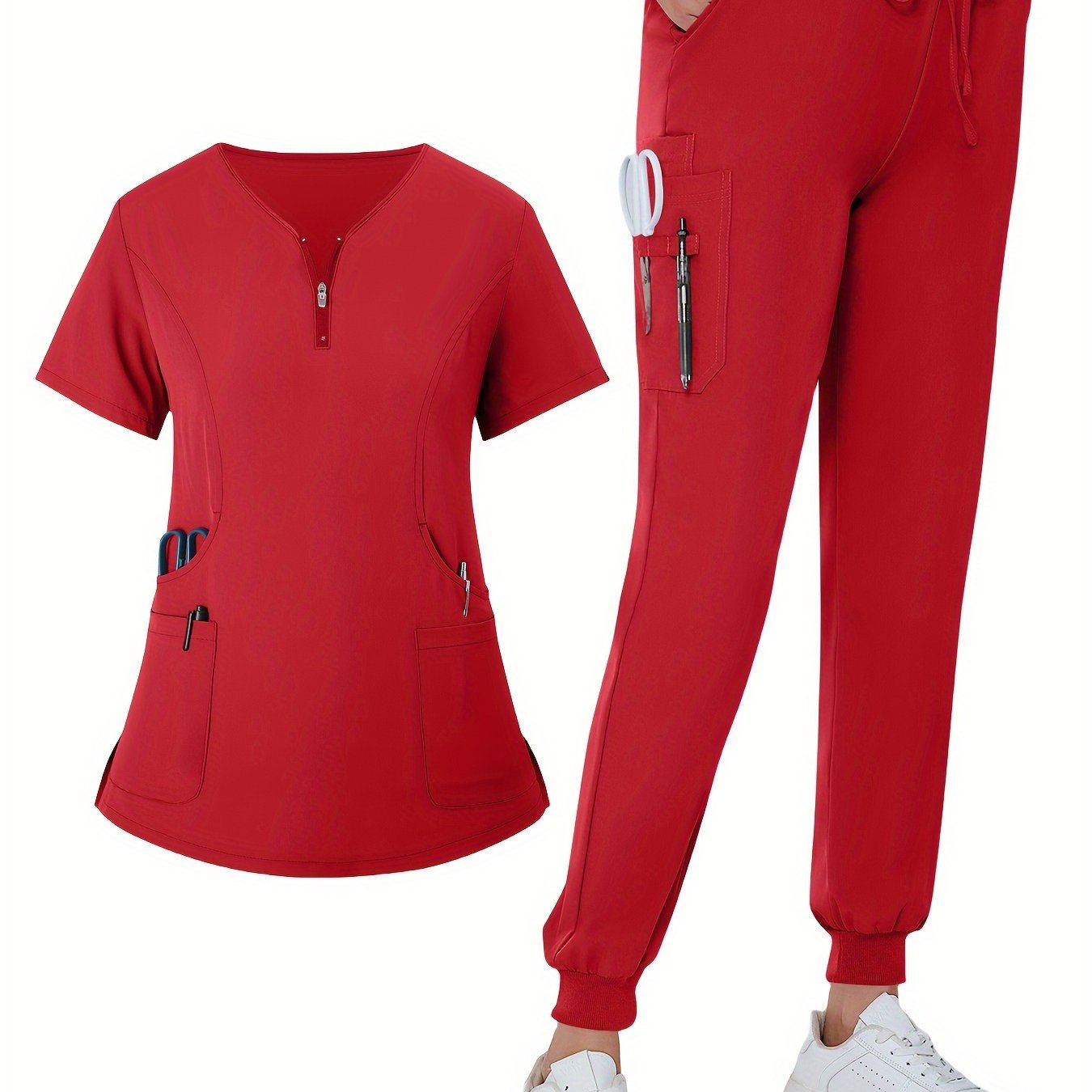 SAASHI Rose Red Solid Scrub Set - V Neck Zipper Top & Drawstring Pants