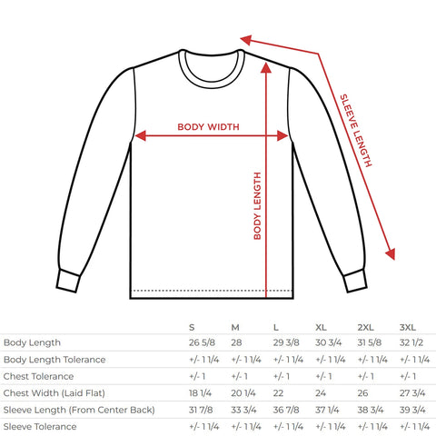 long sleeve tee size chart