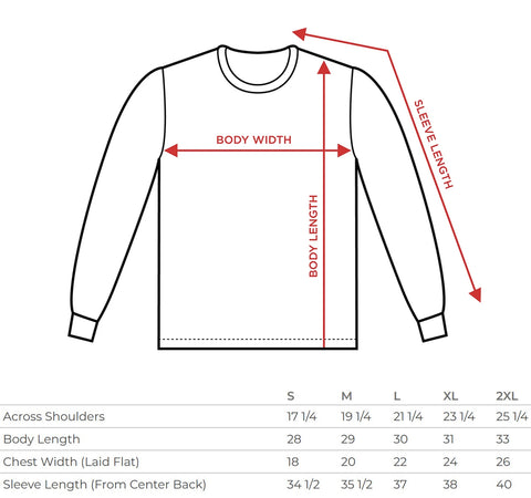 long sleeve tee size chart