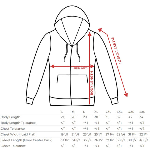 zip up hoodie size chart