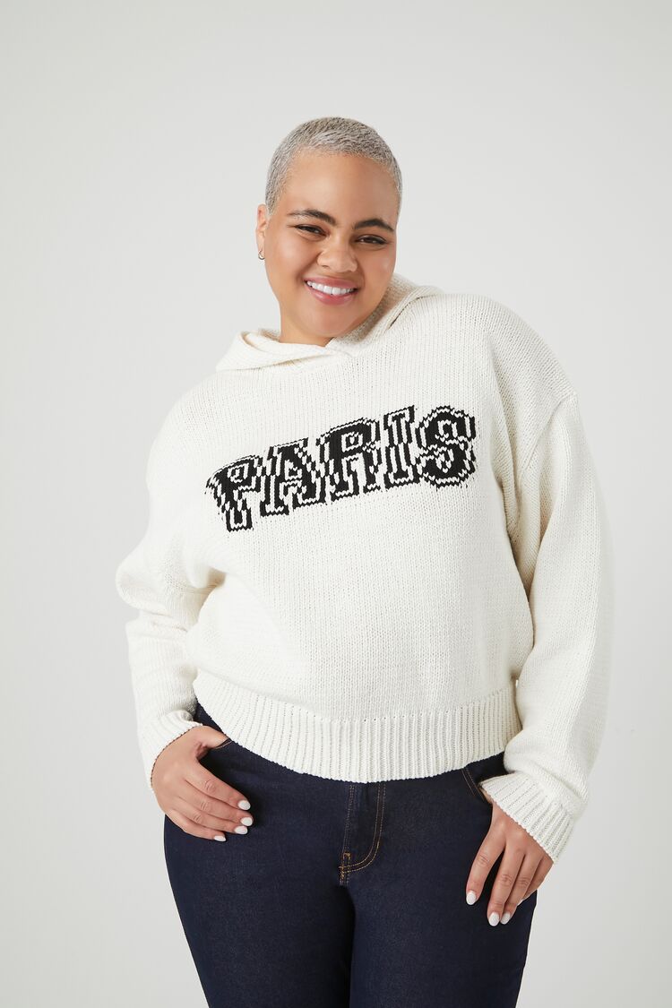 Forever 21 Plus Women's Sweater-Knit Paris Graphic Hoodie Sweatshirt Cream/Multi - Authentic.com product image