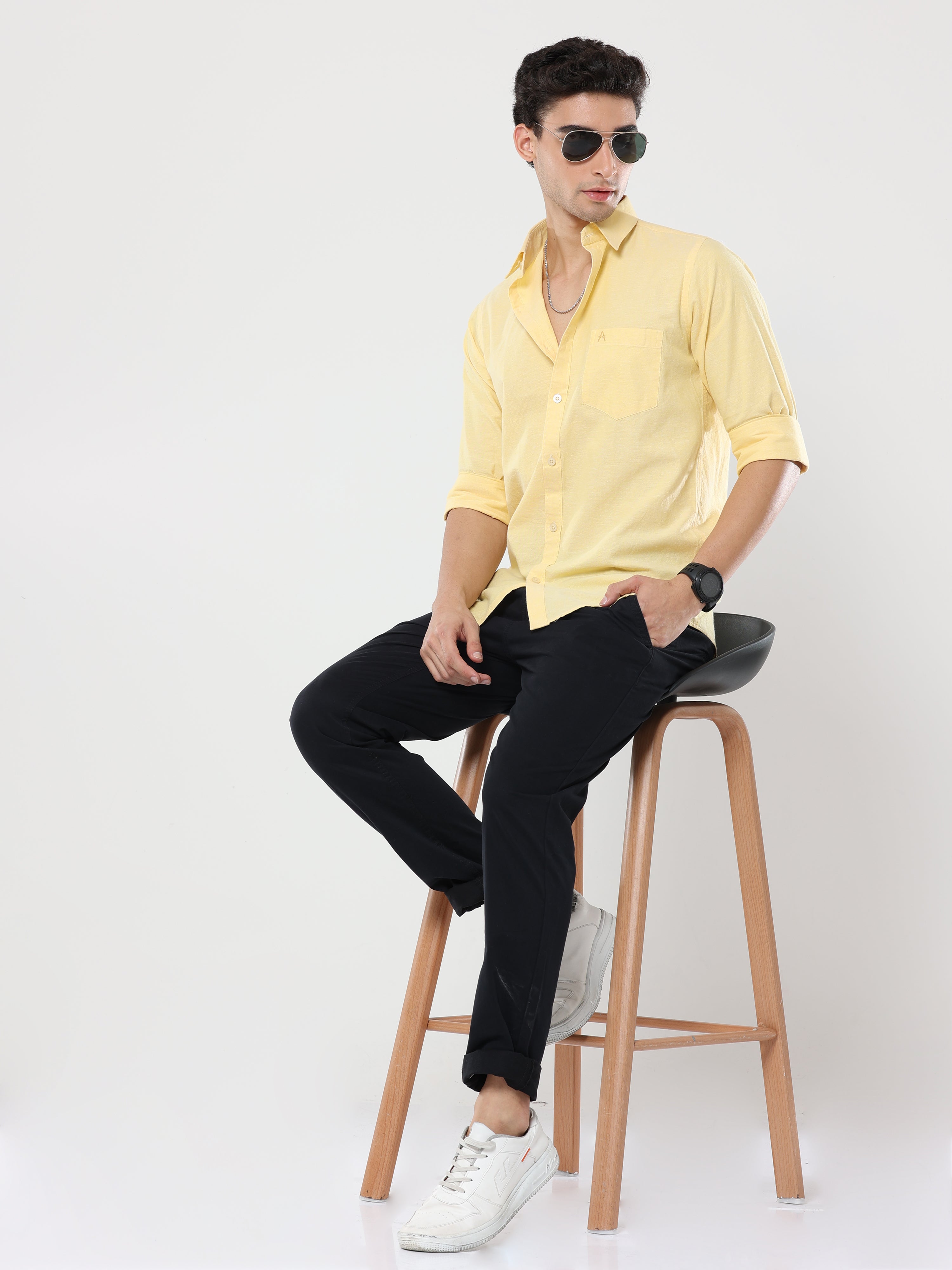 Lemon Yellow Plain premium Cotton linen shirt with pocket for men –  Albatross Clothing
