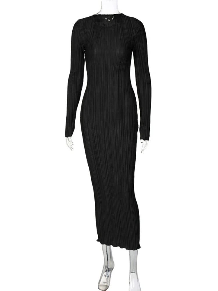 Solid O Neck Long Sleeve Maxi Bodycon Dress Women's Eveningwear - Image 11