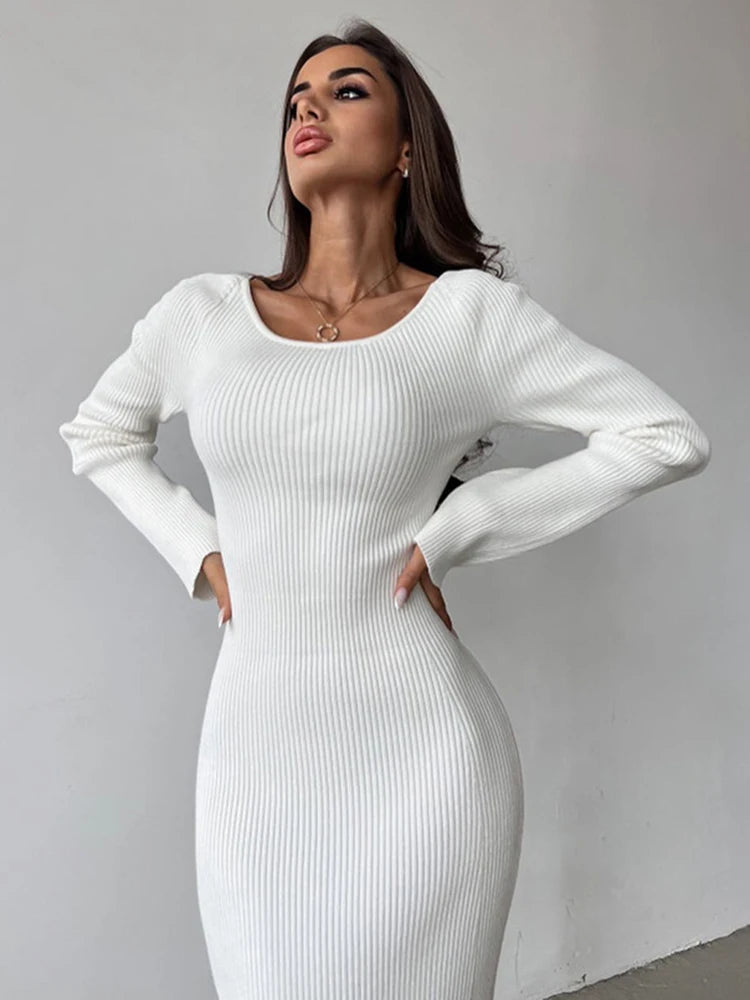 Women's Solid Color Slim Fit Open Back Dress for Spring/Autumn - Image 3