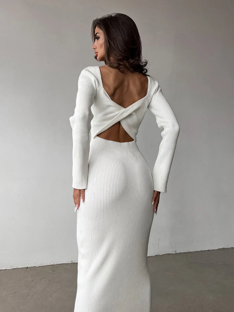 Women's Solid Color Slim Fit Open Back Dress for Spring/Autumn - Image 4