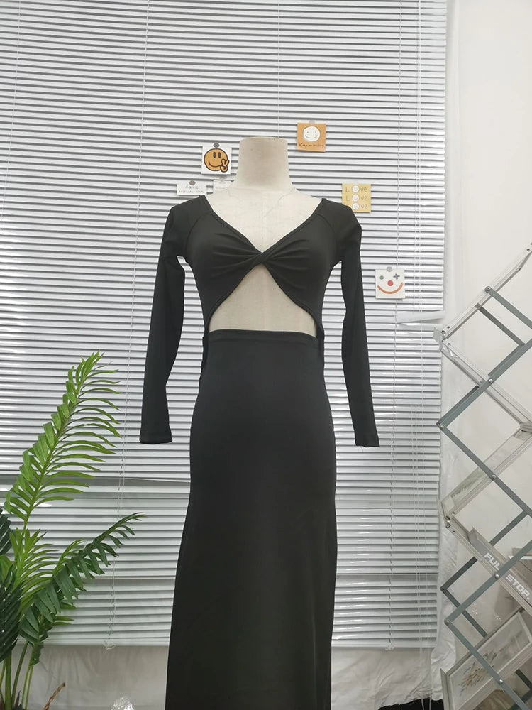 Women's Solid Color Slim Fit Open Back Dress for Spring/Autumn - Image 7