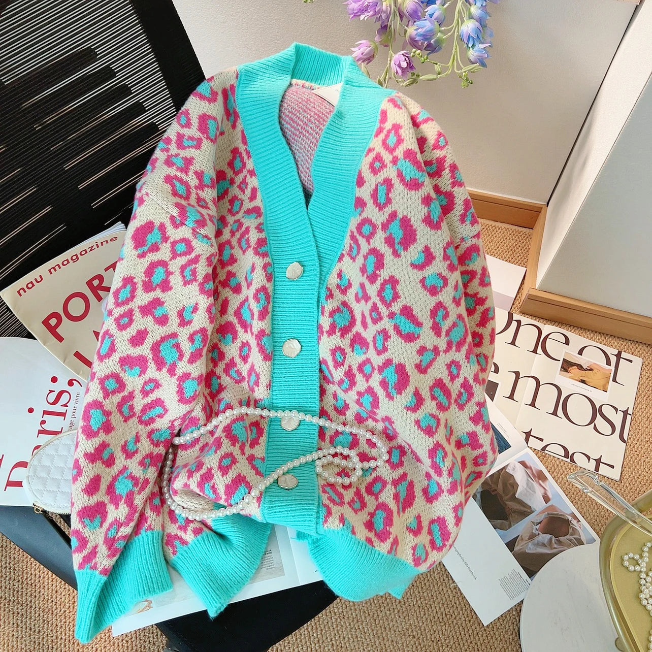 Yellow Leopard Print Oversized Knit Cardigan for Women - Image 2