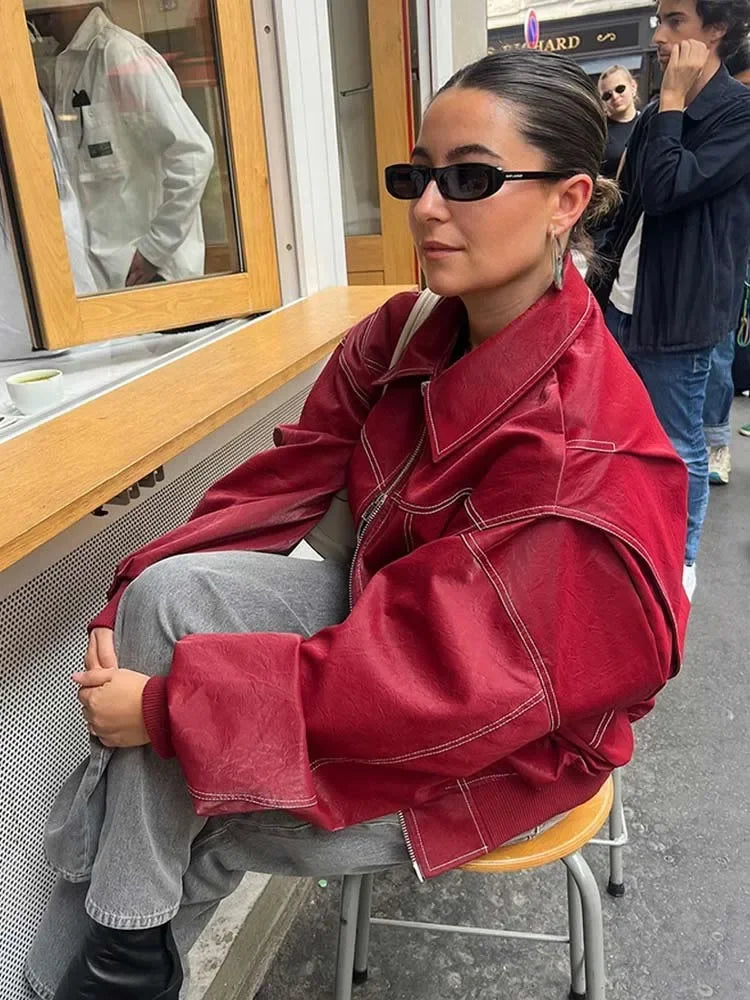 Red Zipper Leather Cropped Coat for Women Streetwear Fashion - Image 4